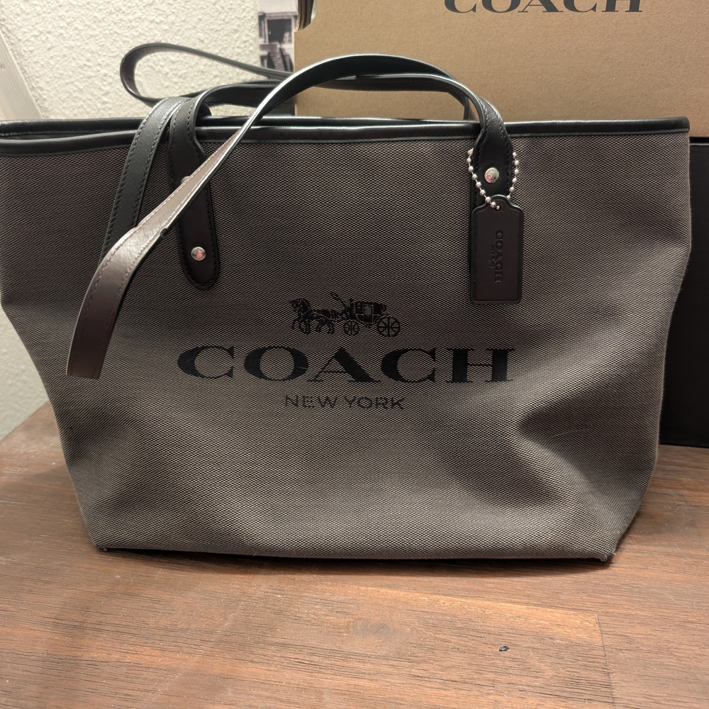 COACH Gray Canvas Tote with Black Leather Trim